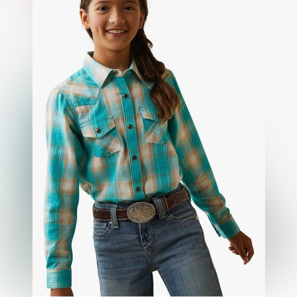 Ariat Girls Turquoise Plaid Western Snap Collard Neck Long Sleeve Shirt. NEW XXL